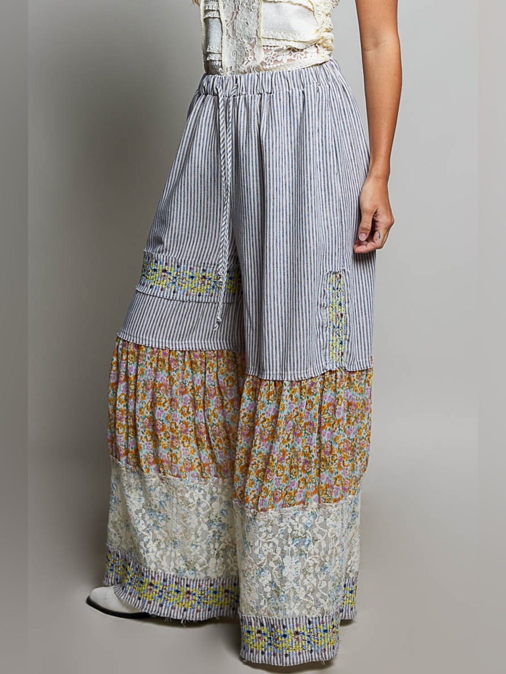 POL “ Ocean Haze “ Patchwork Pants Floral Wide Leg | Stripe